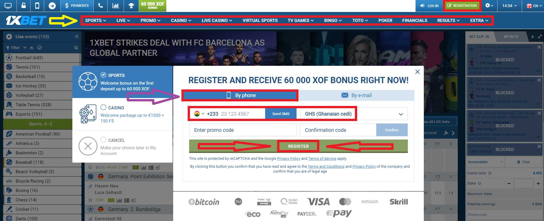 1xbet app registration